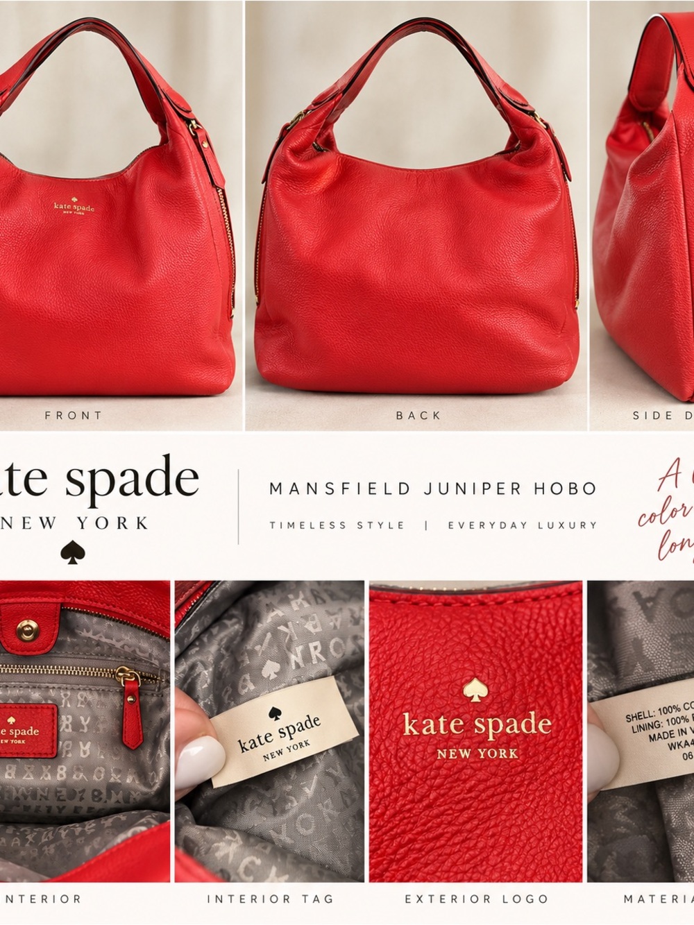 kate spade Red Pebbled Leather Hobo Bag